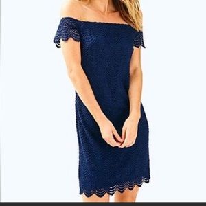 Lilly Pulitzer Jade Dress Navy Blue off the shoulder Small